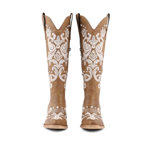 Image of Lace Up Cowboy Boots for Women Embroidered Wide Calf Cowgirl Boots Comfortable Chunky Heel Pointed Toe Trendy Western Shoes for Prom Music Festival