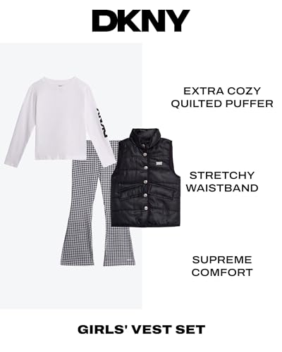 Image of DKNY Girls' Vest Set - 3 Piece Button Down Quilted Puffer Vest Long Sleeve Shirt and Flare Leggings Set (Sizes: 2T-6X)