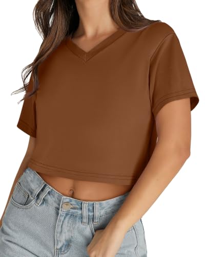 Image of Womens Crop Tops Short Sleeve V Neck Summer Cropped T Shirts Baisc Tees