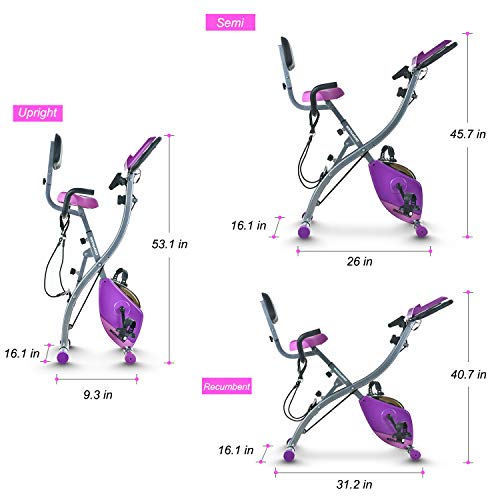 Folding Exercise Bike Portable Upright Adjustable Backrest Cycling Recumbent Stationary Bike Slim Indoor Workout Fitness Cardio Foldable Exercise Bicycle Machine with Pulse Sensor LCD Monitor Arm Resistance Bands