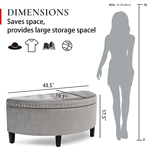 Homebeez 43.5" Half Moon Storage Ottoman Bench, Lift Top Velvet Storage Ottoman Bench For Bedroom Living Room(Light Gray) #TOP2