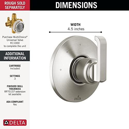 Delta-Faucet-Tetra-Brushed-Nickel-3-Setting-Shower-Handle-Diverter-Trim-Kit-Brushed-Nickel-Diverter-Valve-Trim-Kit-Shower-Diverter-Lumicoat-Stainless-T11889-SS-PR-Valve-Not-Included
