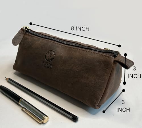 Image of Rustic Town Leather Pencil Case - Full Grain Leather Zippered Pen Pouch - Stationery Bag Pen Holder for Work & Office