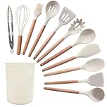 Senshuomy 12 PCS Kitchen Utensil Set, Silicone Cooking Utensils Set with Wooden Handle for Utensils BPA Free, Heat Resistant, Nonstick Cookware Tongs Spatula Spoon Set, Dishwasher Safe (White)