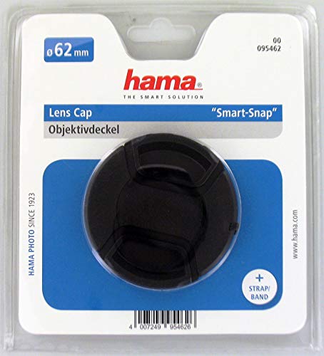 Hama Objektivdeckel f&uuml;r 62 mm Objektiv, Sicherungskordel, Smart Snap, Schwarz