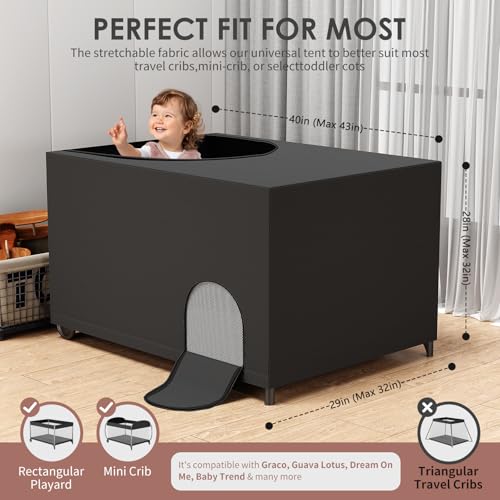 Image of Blackout Cover for Pack and Play, Blocks 90% Light Portable Travel Crib Canopy with Storage Bag, Stretchy Breathable Playard Netting Cover for Indoor Outdoor, Black
