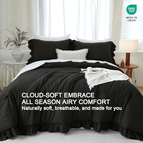 Image of Black Ruffle Comforter Set King, Pre-Washed Shabby Chic Bedding Set, Lightweight Cottagecore Soft Romantic Cozy 1 Comforter & 2 Shams, All-Season