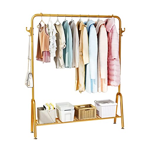 perchero HAIYU Ropa, Riel de Ropa de Metal, Colgador Independiente para Dormitorio con Estante de Almacenamiento para Abrigos, Faldas, Camisas, Bolsos, Dorado(Size:150cm) Cover