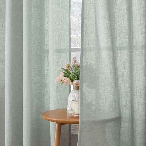 CUCRAF Rideau avec Oeillets Voilage Lin Semi-Transparent, Vert Sauge 140x175cm Lot de 2