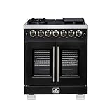 Forno Capriasca 30-Inch French Door Dual Fuel Range with Antique Brass Accents & 5 Sealed Dual-Ring Brass - 4.32 cu.ft. True Convection Oven with Rotisserie Kit & LP Conversion Kit - Black