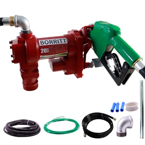 BORRITT Fuel Transfer Pump 12 Volt 20 GPM High Flow,w/Automatic Nozzle Green,DC Fuel Pump,Cast Iron Gas Heavy Duty Transfer Pump for Gasoline,Diesel, Kerosene,Ethanol Blends,Methanol Blends,Biodiesel