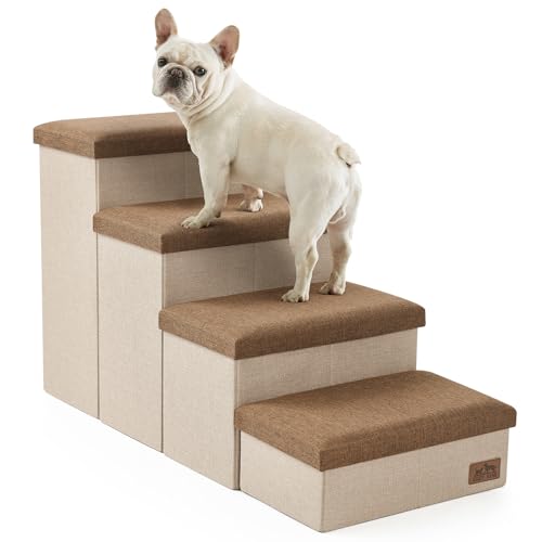 Dog Stairs with Storage 4-Step Wider Sturdy Dog Steps for Small/Medium/Large Dogs and Older Cats Folding Doggie Ramp for Bed/Couch/Car Hold Up to 180 lbs (22 H Brown)
