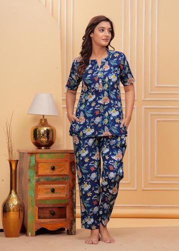 Image of Women Cotton Relaxed Fit Fit and Flare Suit | Printed Night Suit | Half Sleeve Co-Ord Set