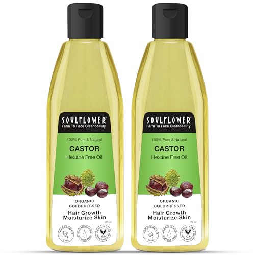 Image of Soulflower Organic Castor Oil for Hair Growth & Hair Fall Control | Cold-Pressed for Skin, Scalp, Beard, Lashes | Natural Moisturizer, Anti-Dandruff | 100% Pure, Ecocert Organic Certified | 225ml x 2