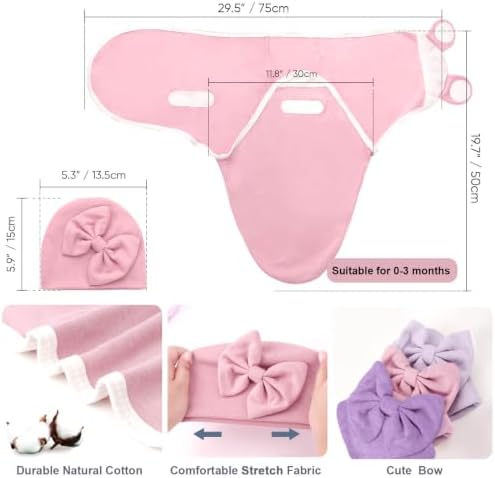 DRESHOW BQUBO 3 Pack Newborn Baby Swaddle Blanket with Hats Infant Adjustable Velcro Swaddling Wraps with Bear Ears Cap for 6-12 Lbs Newborns & 0-3 Months Girls Boys — view 2