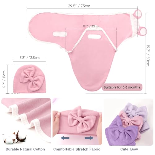 Image of DRESHOW BQUBO 3 Pack Newborn Baby Swaddle Blanket with Hats Infant Adjustable Velcro Swaddling Wraps with Bear Ears Cap for 6-12 Lbs Newborns & 0-3 Months Girls Boys