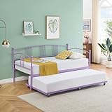 IDEALHOUSE Daybed with Trundle, Metal Twin Size Day Bed with 6 Casters Pullout Trundle, Trundle Bed Twin with Steel Slat Support for Living Room, Bedroom and Guest Room, Purple