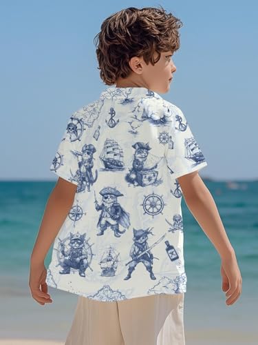 Image of THE PIRATE KING Funny Pirate Hawaiian Shirt Boys Girls Beach Tropical Casual Short Sleeve Button Down Shirt for 5-14 Years