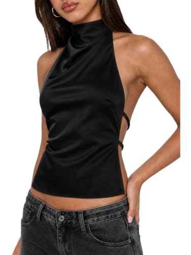 Matunana Women Satin Halter Tops Going Out Mock Neck Backless Tank Top