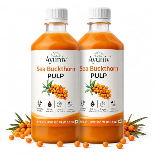 Image of Ayuniv Himalayan Sea Buckthorn Juice 500ml | Omega 3 6 7 9 | Vitamin C Rich | Natural Antioxidant Drink | Supports Immunity, Gut Health, Skin & Hair | No Added Sugar (500ml * 2)