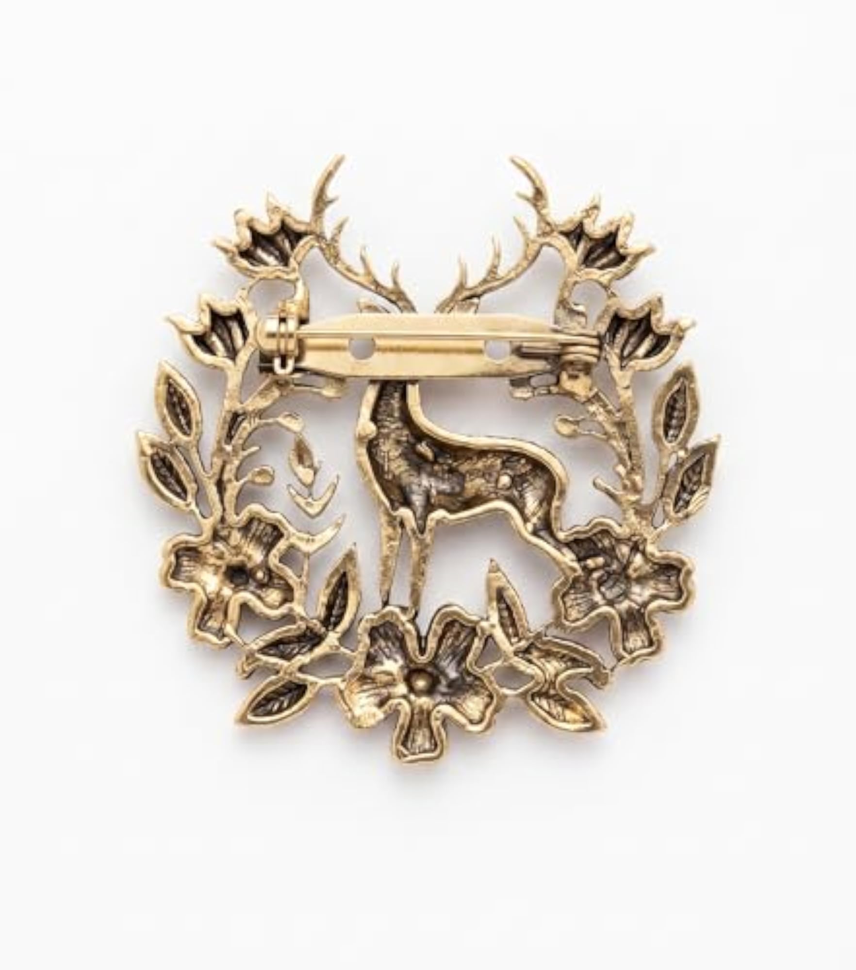 Van-Raja Stag Brooch, Antique Gold Deer in Floral Wreath