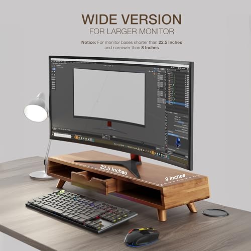TINAMO Acacia Wood Monitor Stand with Drawer - Wooden Monitor Riser for Desk - Computer Monitor Stand for Desk - Multi-Purpose Desktop Storage Stand for Computer; Laptop; Printer; TV - 24.4 \" x 8\" x 5\" (Patent Pending)