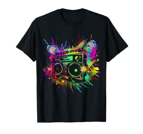 80er 90er Jahre Retro Kassette Outfits & Geschenk Unisex-Erwachsene Schwarz Small EU S Retro gestreiftes Party T-Shirt