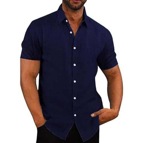 COOFANDY Men's Casual Button Down Shirts Short Sleeve Linen Shirts Summer Beach Dress Shirt Men Small Linen - Blue