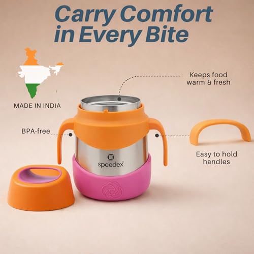 Image of Speedex Kids Insulated Food Jar 320ml Tango Pop (Orange), Stainless Steel Lunch Box with Handle & Spork, Leak Proof BPA-Free Double Wall Vacuum Tiffin, Hot & Cold Food Container