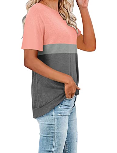 Onlypuff Womens Short Sleeve Tee Shirt Casual Loose Tunic Tops Coral Color Block Blouse Xxl thumb #1