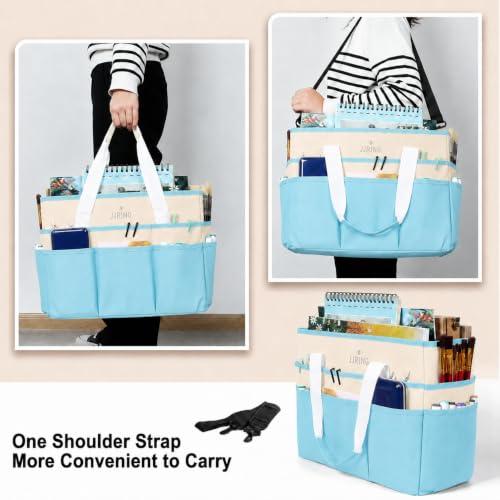 Image of JJRING Craft Organizer Tote Bag Large Art Storage Caddy Sky Blue and Beige