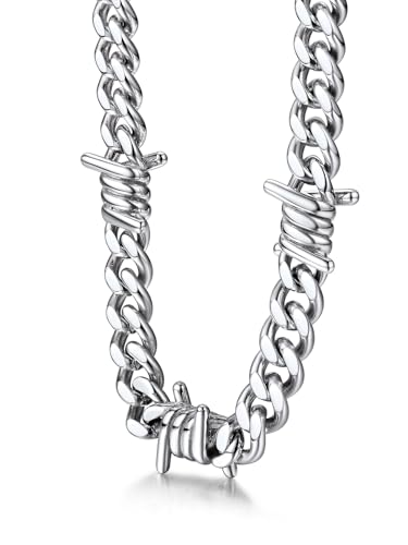 Bestyle Barbed Wire Necklace 5/7/9/12mm Mens Chain Necklaces Hip-hop Punk Gothic Stainless Steel Chain Heavy Thick Cuban Link Chain for Men Women, Length 16/18/20 Inch