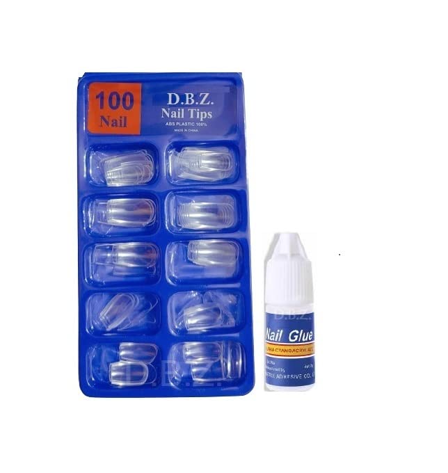 D.B.Z. Professionals DIY Transparent Artificial Nail 100 Pcs False Style Fake Acrylic Nail Tips With glue Transparent (Pack of 101)