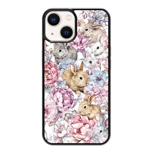 qizjio Floral Rabbit Bunny Phone Case, Shockproof Protective Rose Garden Watercolor Art Cover for iPhone 15
