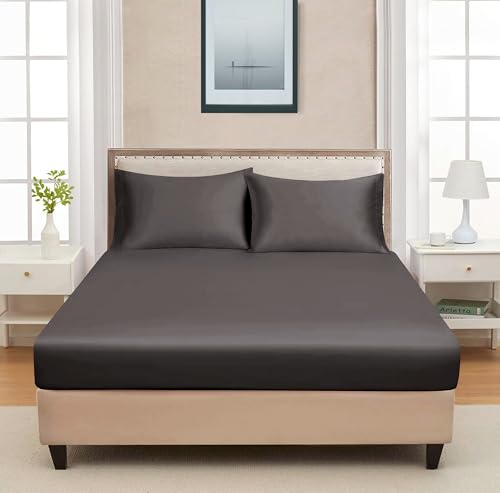 Image of RD TREND Satin Fitted Solid Bedsheet King Size 78x72x10 Inch, Elastic Bedsheets for King Size Bed with 2 Pillow Covers-18x28 Inch (Dark Coffee), 400 TC