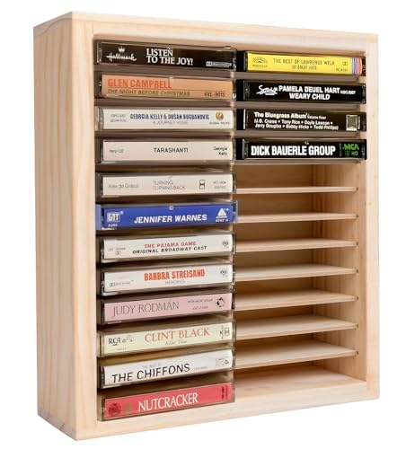 Waratah Designs Cassette Tape Storage Rack, 24-slot Wood Cassette Tape Holder, Wall Mount or Freestanding Audio Cassette Organizer, Playing Card Storage, Unfinished Pine