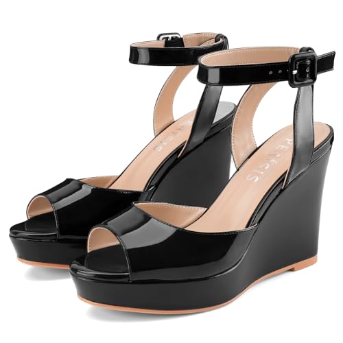 Women's Dressy Platform Wedge Sandals Gold Wedges Peep Toe Patent High Heels Slingback Heeled Comfortable Ankle Strap Shoes4
