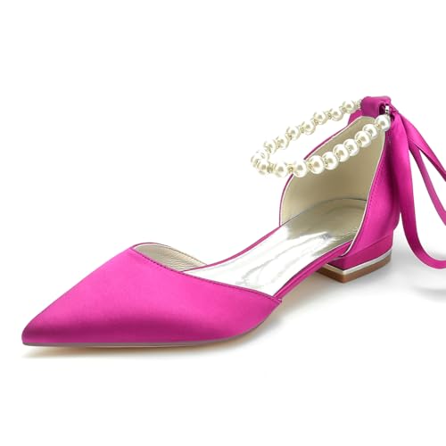 Image of Women's Pointed Toe Pumps Pearl Satin Wedding Shoes for Bride Flats Ankle Strap Bridal Shoes Formal Prom Party Dress Pumps Sandals
