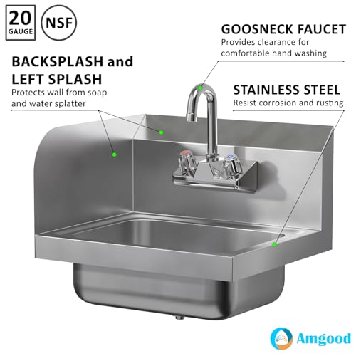Image of AmGood Stainless Steel Wall Mount Hand Sink with Faucet and Left Sidesplash 17 inch x 15 inch | NSF Commercial Hand Washing Basin For Restaurant, Kitchen and Home | Bowl Size: 10 inch x 14 inch