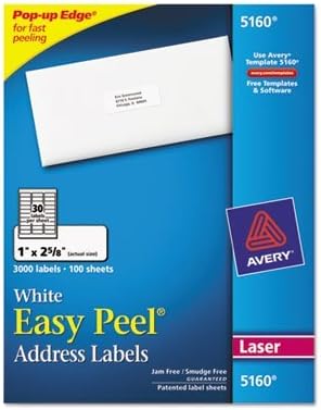 Easy Peel Laser Address Labels, 1 x 2-5/8, White, 3000/Box, Total 15000 EA, Sold as 1 Carton