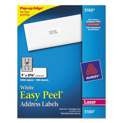 Easy Peel Laser Address Labels, 1 x 2-5/8, White, 3000/Box, Total 15000 EA, Sold as 1 Carton