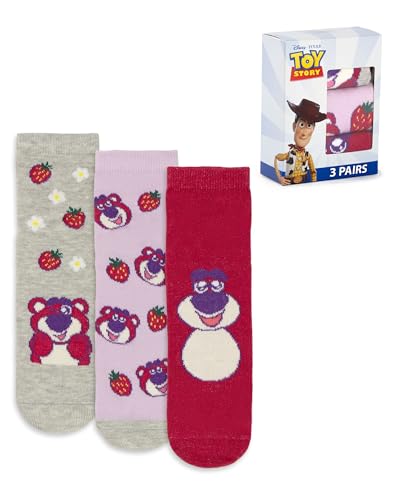 Disney Toy Story Lotso Girls Calf Socks Set of 3 | Grey, Red, Purple Striped & Floral Design | Everyday Wear for Kids