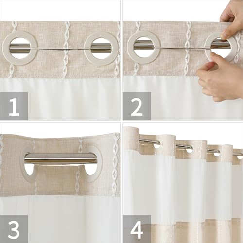 Eachope No Hook Boho Farmhouse Shower Curtain With Snap-In Liner,Linen Rustic Heavy Duty Striped Fabric Shower Curtain Set With Tassel,Hotel Style Cloth Shower Curtains For Bathroom,Cream/Beige,71X74 thumb #4