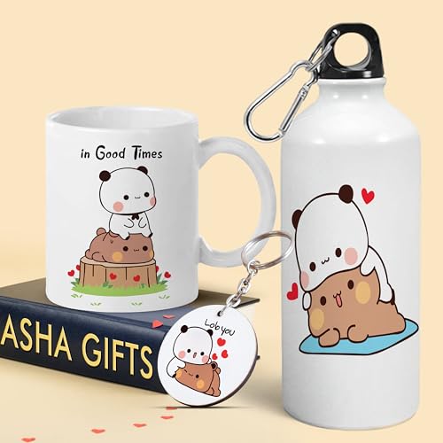 Image of Bubu Dudu Love Gift for Birthday /Anniversary Sipper Water Bottle 750 ML Aluminium with 320 ML Coffee Mug, Wooden Keychain Combo Pack MSK-V (Design-3)