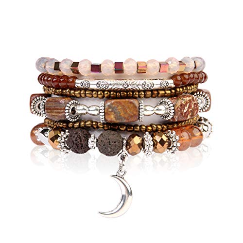 RIAH FASHION Bohemian Multi-Layer Beaded Pendant Statement Stretch Strand Bracelet - Sparkly Bead Tassel Pom Pom Star Charm Stack Cuff Bangles (Lava Bead Crescent - Brown)