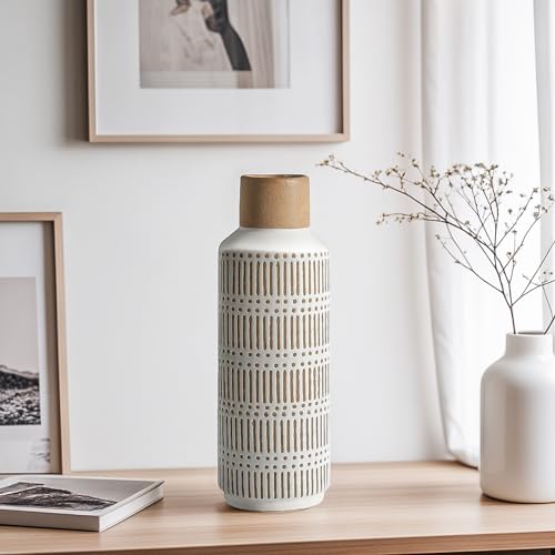 Lizofer VS31-1-S Rustic Ceramic Vase For Living Room Bedroom 11.02'' Farmhouse White Flower Vases thumb #7