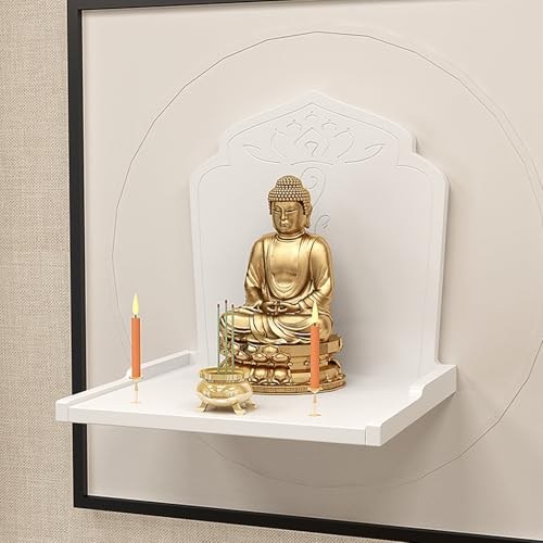 Mini autel bouddhiste en bois massif blanc, meuble mural de dévotion aux finitions soignées