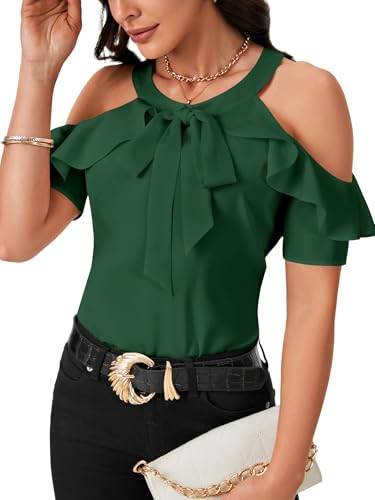 Rooscier Women's Cold Shoulder Tie Knot Blouses Dark Green Large