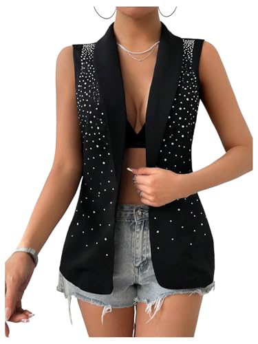 MakeMeChic Women's Glitter Rhinestone Blazer Sleeveless Open Front Party Y2K Vests