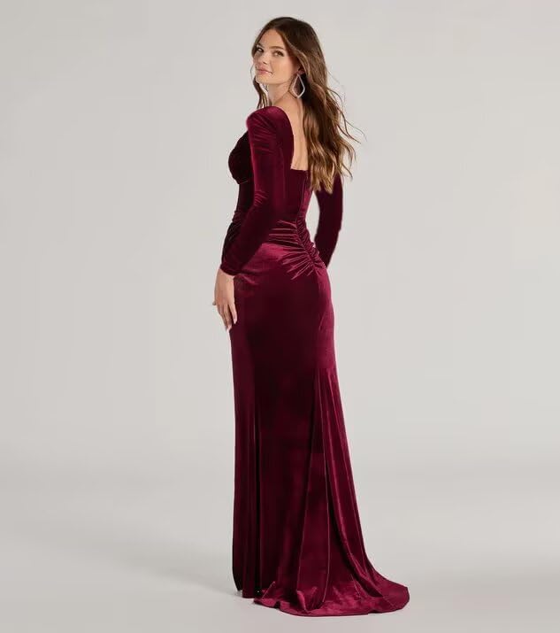 RSOETOO Velvet Bridesmaid Dresses for Women Long Sleeves V Neck Mermaid Long Formal Party Dresses with Slit RON006 - Image 2